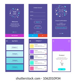 Template design application. Registration and login pages. Onboaring. Sign in. Forms login. E-commerce, menu, product categories.

