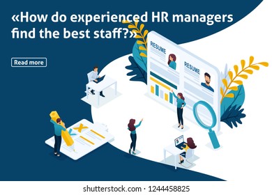 Template design article banner, Isometric concept HR managers, resume, recruiting. Easy to edit and customize