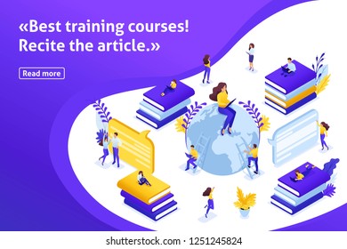 Template design article banner, Isometric concept search for the best e-courses, online learning process. Communication of students and teachers via the Internet.