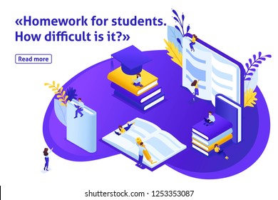 Template design article banner, Isometric concept Homework for e-learning students, read and write using gadgets. Easy to edit and customize.