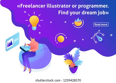 Template design article banner, Isometric girl designer works, draws, dreams, creates design. Freelancer illustrator.