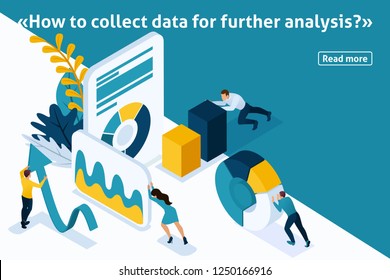 Template design article banner, Isometry concept collect data for further analysis. Easy to edit and customize
