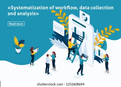 Template design article banner, Isometry concept Systematization of workflow, data collection and analysis. Easy to edit and customize.