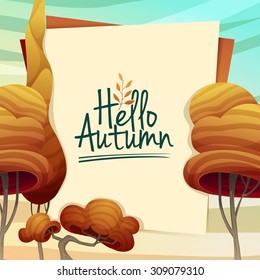 Template Design autumn poster, brochures, posters, postcards Hello autumn. Frame with autumn trees in a cartoon style. Vector.