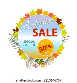 Template design for autumn sale. Colorful maple leaves, flowers and palm leaves. Vector illustration.