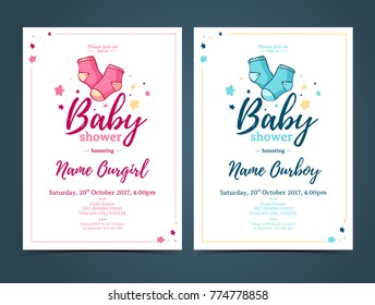 Template design baby shower invitation. Infant invite with baby socks decorationfor girl or boy. Pink and blue layout card with date. Vector.