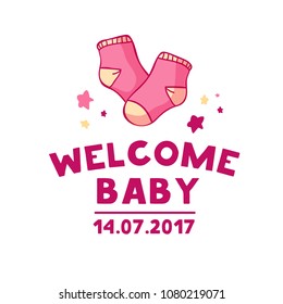 Template design of baby shower logo. Stickers for children's birthday party. "Welcome baby" signs. Cartoon girl and boy newborn invitation and card. Vector.