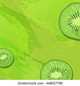 Template design banner background with kiwi fruit. The back with a slice of kiwi and a watercolor texture. Making for fruit drinks and juices. Place for your text. Vector.