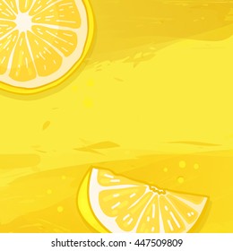 Template design banner background with lemon fruit. The back with a slice of lemon and a watercolor texture. Making for fruit drinks and juices. Space for your text. Vector.