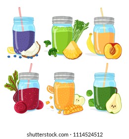 Template design banner, brochure,  flyer with smoothie recipes. Menu with recipes and ingredients for a organic, detox juice. Detox cocktails made from fruits, vegetables and herbs. Vector.