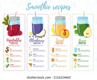 Template design banner, brochure,  flyer with smoothie recipes. Menu with recipes and ingredients for a organic, detox juice. Detox cocktails made from fruits, vegetables and herbs. Vector