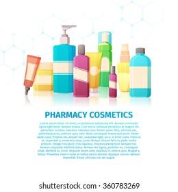 Template design banner, brochures, flyer with infographic about the pharmacy cosmetics. Medical beauty products for the skin care. Bottle for problem skin.