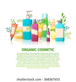 Template design banner, brochures, posters about the organic cosmetics. Nature beauty products for the skin. Cosmetic bottles with floral, plant element. 