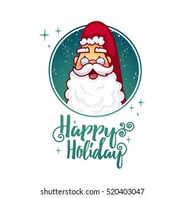 Template design banner for Christmas. Frame with cute cartoon Santa Claus in glasses. Poster lettering text Happy Holidays. Postcard to a happy new year.