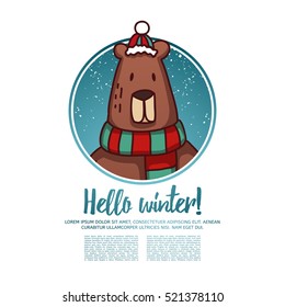 Template design banner for Christmas. Frame with cute cartoon bear wearing a scarf. Poster with text Hello winter. Postcard and invitation to a winter event. 