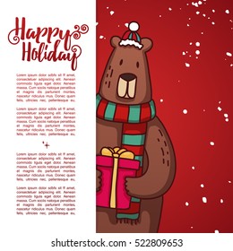 Template design banner for Christmas. Frame with cute cartoon bear wearing a scarf and and with gift. Poster lettering text Happy Holidays. Postcard, invitation to a happy new year and xmas event.