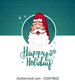 Template design banner for Christmas. Frame with cute cartoon Santa Claus in glasses. Poster lettering text Happy Holidays. Postcard to a happy new year.