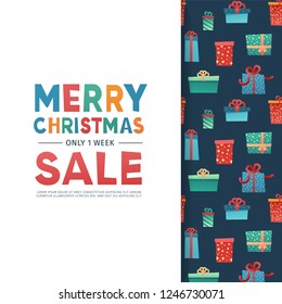 Template design banner for christmas offer. New year layout with decor letters for holiday winter season sale. Happy holiday background with gift pattern. Vector.