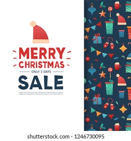 Template design banner for christmas offer. New year layout with Santa hat decor for holiday winter season sale. Happy holiday background. Vector.