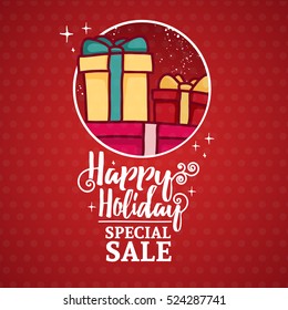 Template Design Banner For Christmas Sale. Frame With Snow And Gifts. Poster For Xmas Discount Event With Happy Holiday Lettering. Postcard With Cute Cartoon Gift Box To Happy New Year Action. Vector