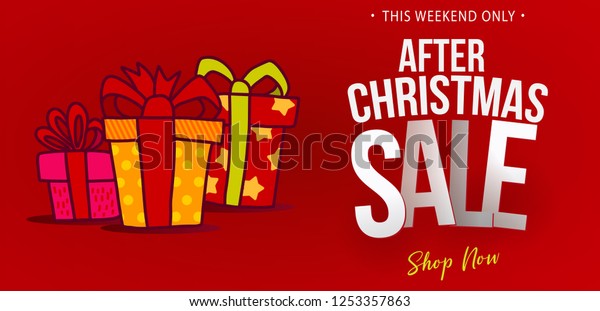 Template design banner for Christmas sale.\
Doodle gift boxes on red background. Poster, banner, card for xmas\
discount event. Vector\
illustration