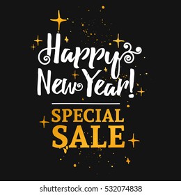 Template design banner for Christmas sales. Happy new year special offer at a discount. Poster lettering for xmas discounts with the decor of gold and curls. Black background. Vector.