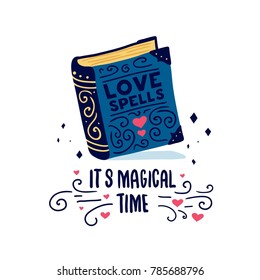 Template design banner with doodle book. It's magical time poster with cute book love spells.  Illustration for love invitstion for happy valentine day. Vector.