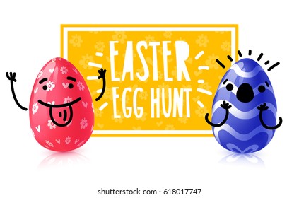 Template design banner for easter egg hunt event. Invitation for happy easter holiday with cartoon emotional character eggs. Vector. 