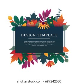 Template design banner for fall season with autumn frame and herb. Promotion offer with autumnal oak plant, maple leave and flowers decoration. Vector 