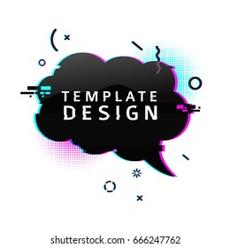 Template design banner with glitch effect. Horizontal black cloud speech bubble layout poster with broken particles. Banner with pixel graphics and geometric crash element. Vector
