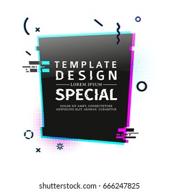 Template design banner with glitch effect. Vertical black rectangle layout poster with broken particles. Banner with pixel graphic and geometric  crash element.  Vector