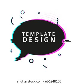 Template design banner with glitch effect. Horizontal black speech bubble layout poster with broken particles. Banner with pixel graphics and geometric crash element. Vector