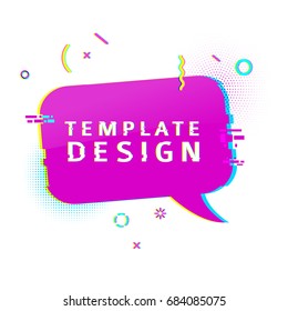 Template design banner with glitch effect. Horizontal pink speech bubble layout poster with broken particles. Banner with pixel graphics and geometric crash element. Vector