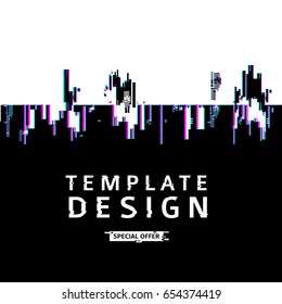 Template design banner glitch style.  Vector distorted  background texture. Computer screen error. Digital layout with broken noise abstract pixel effect.  Advertising with abstract backdrop. Vector.