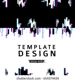 Template design banner glitch style.  Vector distorted  background texture. Computer screen error. Digital layout with broken noise abstract pixel effect.  Advertising with modern backdrop. Vector