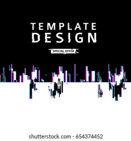 Template design banner glitch style.  Vector distorted  background texture. Computer screen error. Digital layout with broken noise abstract pixel effect.  Advertising with abstract backdrop. Vector