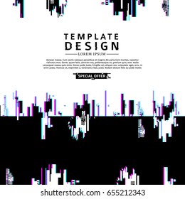 Template design banner glitch style.  Vector distorted  background texture. Computer screen error. Digital layout with broken noise abstract pixel effect.  Advertising with modern backdrop. Vector