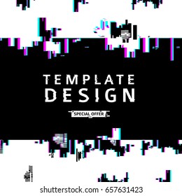 Template design banner glitch style.  Vector distorted  background texture. Computer screen error. Digital layout with broken noise abstract pixel effect.  Advertising with abstract backdrop. Vector