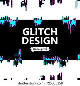 Template design banner glitch style. Vector distorted background texture. Computer screen error. Digital layout with broken noise abstract pixel effect. Advertising with abstract backdrop. Vector.