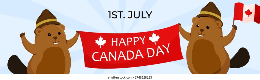 template design banner greeting canada day with beaver holding ribbon