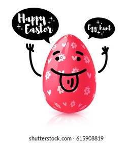 Template design  banner for Happy Easter. Invitation for Easter Egg hunt with rad  funny egg with emotional emoji.  Vector. 