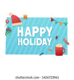 Template design banner for Happy holiday offer.  Flat vector style flyer with christmas decoration elements. Design Xmas frame with garland and wreath. New year label geometric shape cartoon style