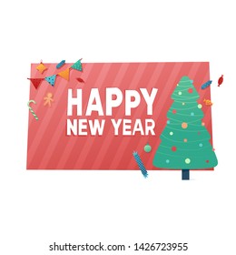Template design banner for happy new year offer.  Flat vector style flyer  with Christmas  decoration elements. Design happy holiday frame with gift and wreath