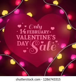 Template design banner heart shape for Valentine's day offer. Red background with decor neon garland and elements for Happy Valentine's day sale. Romantic promotion card and flyer. Vector.