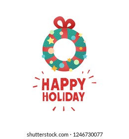 Template design banner for  merry christmas offer. New year layout with Christmas wreath decor for postcard. Happy holiday greeting card. Vector.