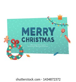 Template design banner for Merry Christmas sale.  Flat vector style flyer with Holiday decoration elements. Design Xmas frame with garland and wreath. New year label geometric shape cartoon style.