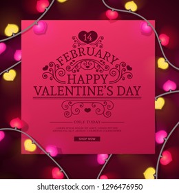 Template design banner  pink note for Valentine's day offer. Red background with decor neon garland and swirl elements for Happy Valentine's day sale. Romantic promotion card and flyer. Vector