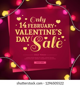 Template design banner  pink note for Valentine's day offer. Red background with decor neon heart shape garland and swirl elements for Happy Valentine's day sale. Romantic card and flyer. Vector