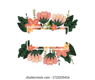 Template for the design of a banner, poster, or card with leaves, twigs, and flowers. Rectangular frame, space for text on the background of an abstract bouquet. Cute vector illustration.