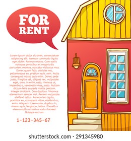 Template design banner or poster of renting and buying homes. Red cartoon houses. Vector. Place for your text.